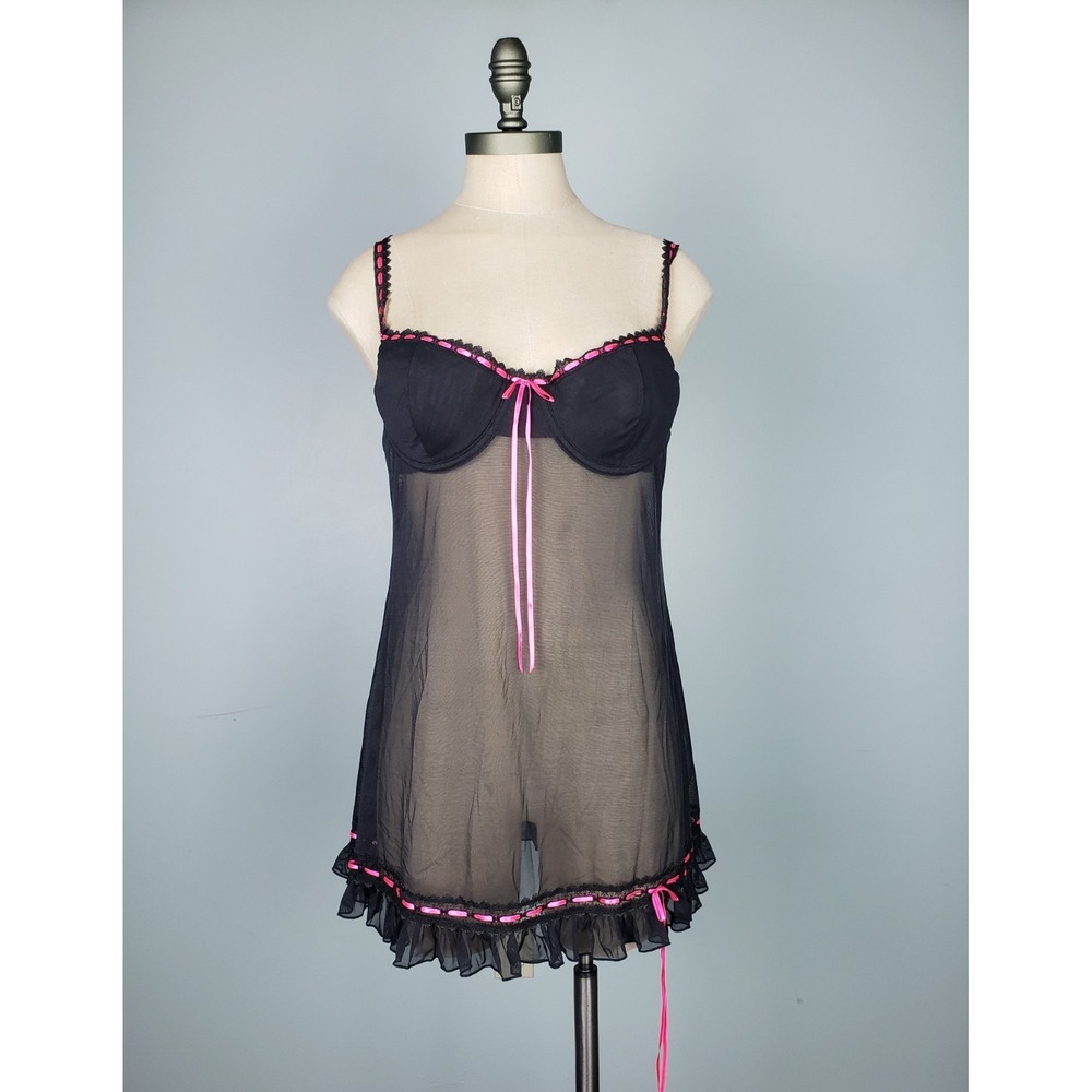 Victoria's Secret‎ Women's 36C Padded Push Up Babydoll Nightie Black Pink Sheer
